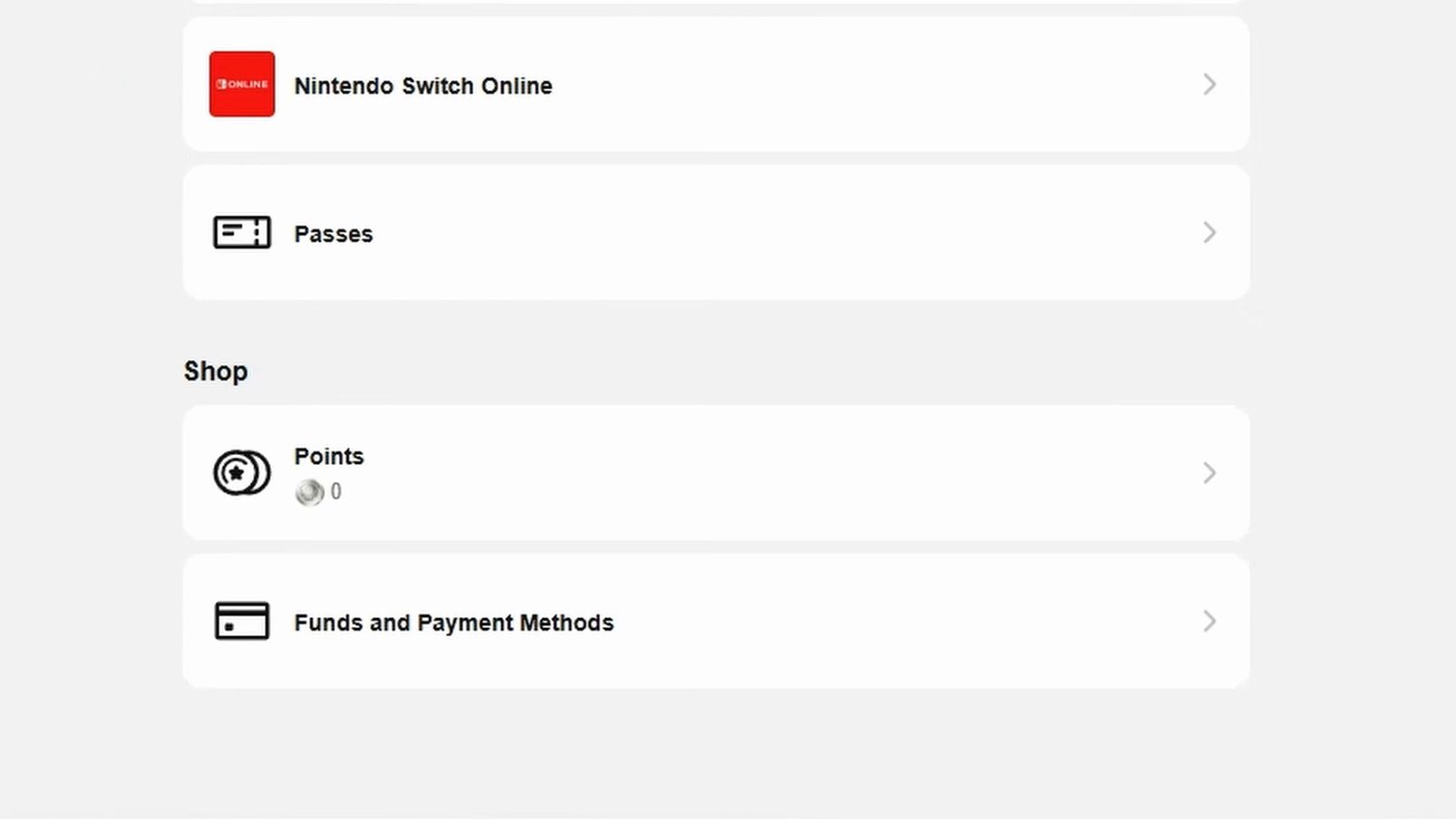 Nintendo Account settings page: Nintendo Switch Online and Passes sections, and in the Shop section — Points and Funds and Payment Methods