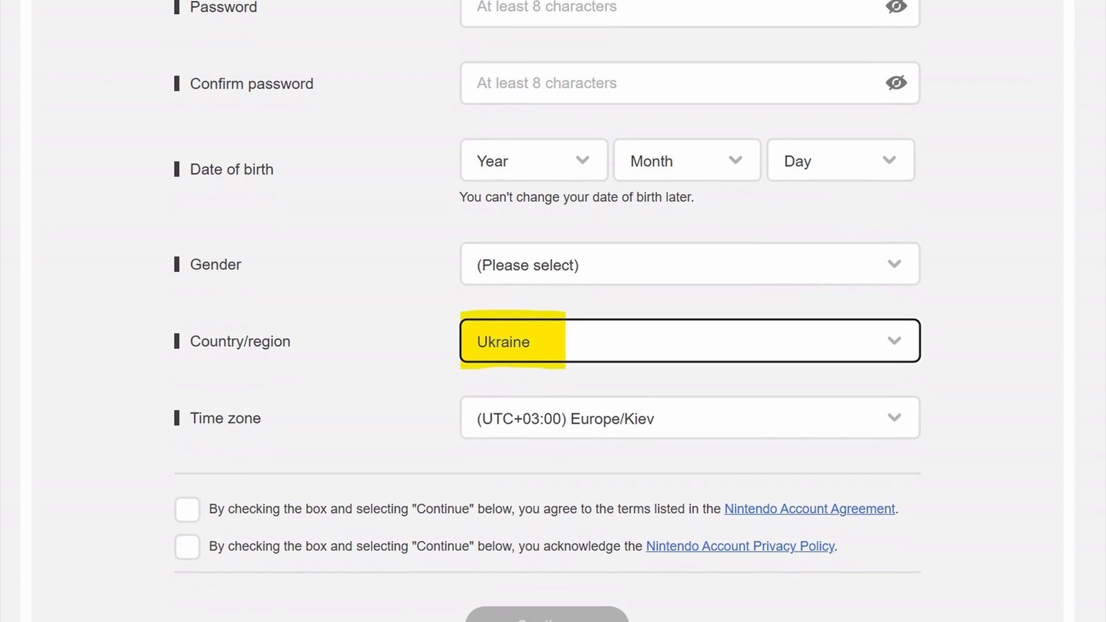 Nintendo Account creation form: Ukraine highlighted in yellow in the “Country/region” field, time zone (UTC+03:00) Europe/Kiev, date of birth fields are empty