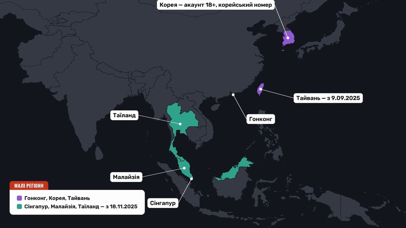 Map of Asia: Korea and Taiwan in purple, Thailand, Malaysia, and Singapore in turquoise, labels 'Korea — 18+ account, Korean number', 'Taiwan — since 09.09.2025', 'Hong Kong' and legend with date 18.11.2025