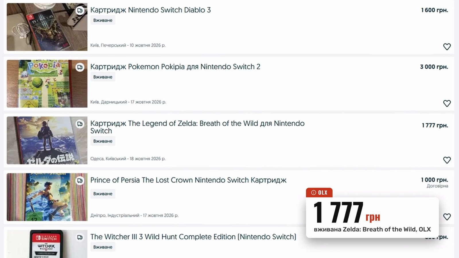 OLX search results with used Switch cartridges: Diablo 3, Pokémon for Switch 2, The Legend of Zelda: Breath of the Wild for 1,777 UAH, Prince of Persia: The Lost Crown, The Witcher 3; UND banner '1,777 UAH'