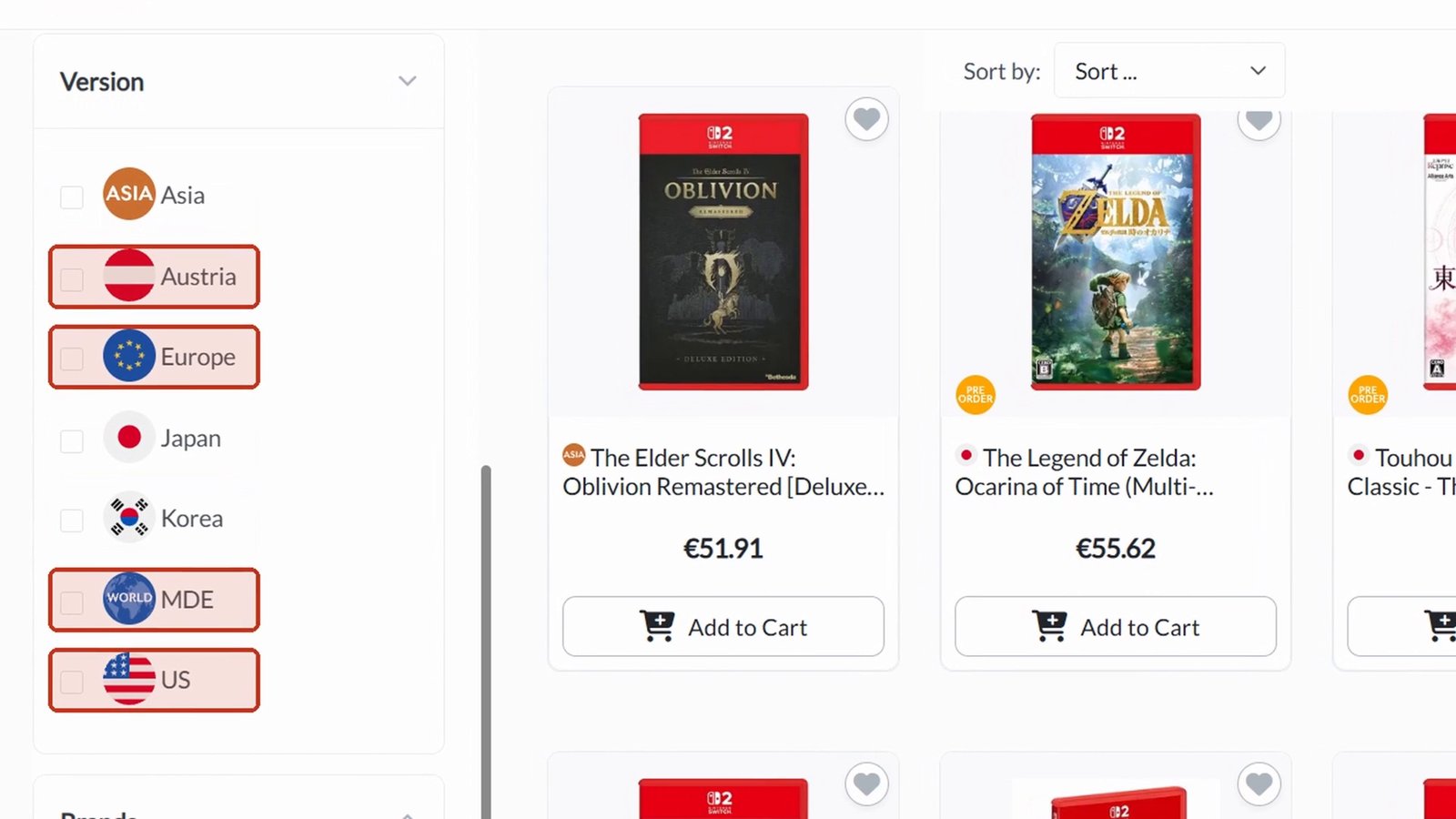 Switch 2 catalog on Play-Asia: 'Version' filter highlights Austria, Europe, MDE, and US, next to Asia, Japan, Korea; games on the right with prices in euros