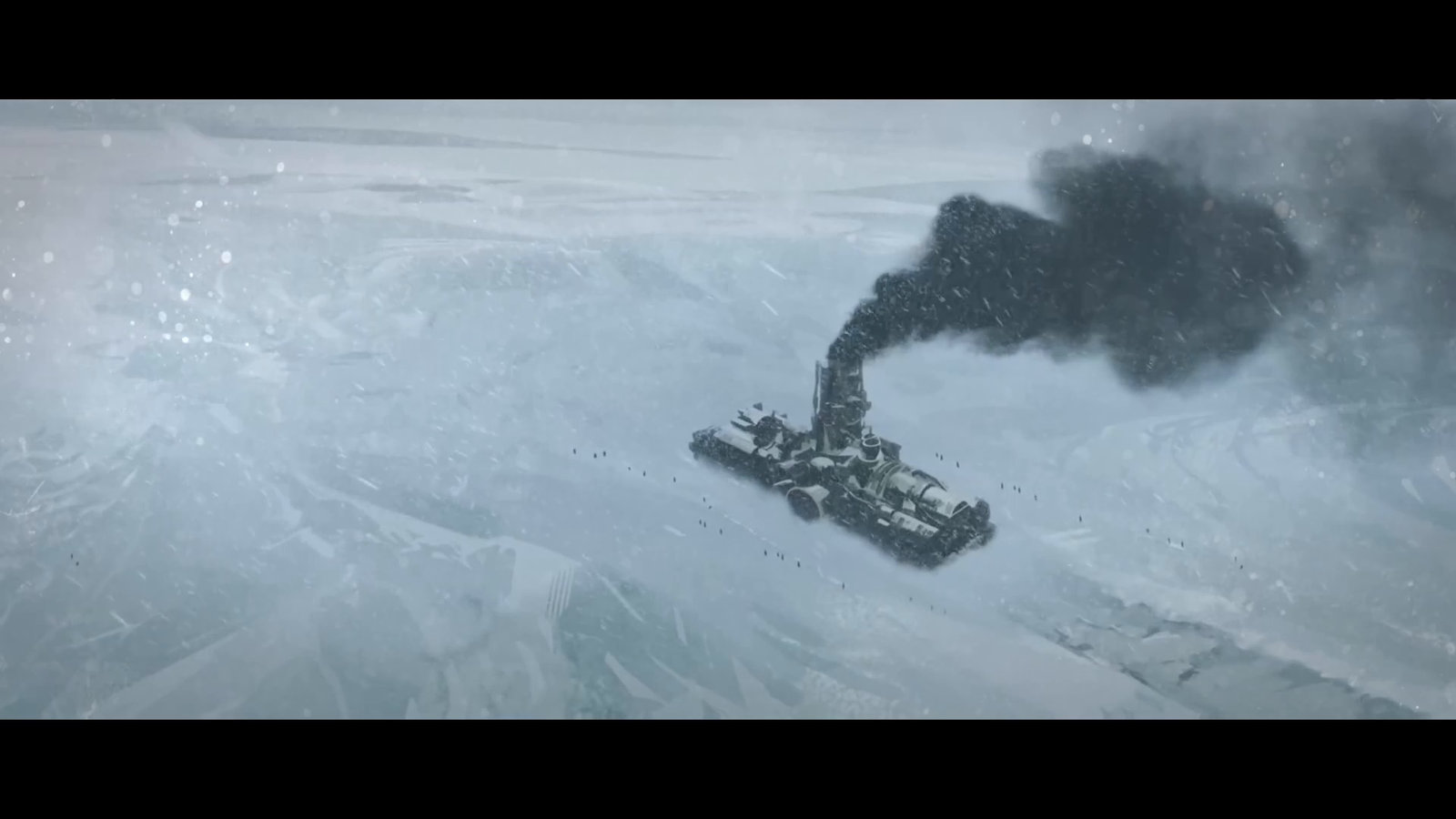 Introductory cutscene of Frostpunk: a steam crawler with black smoke crawls through a blizzard across an endless snowy wasteland, tiny human figures trudge nearby