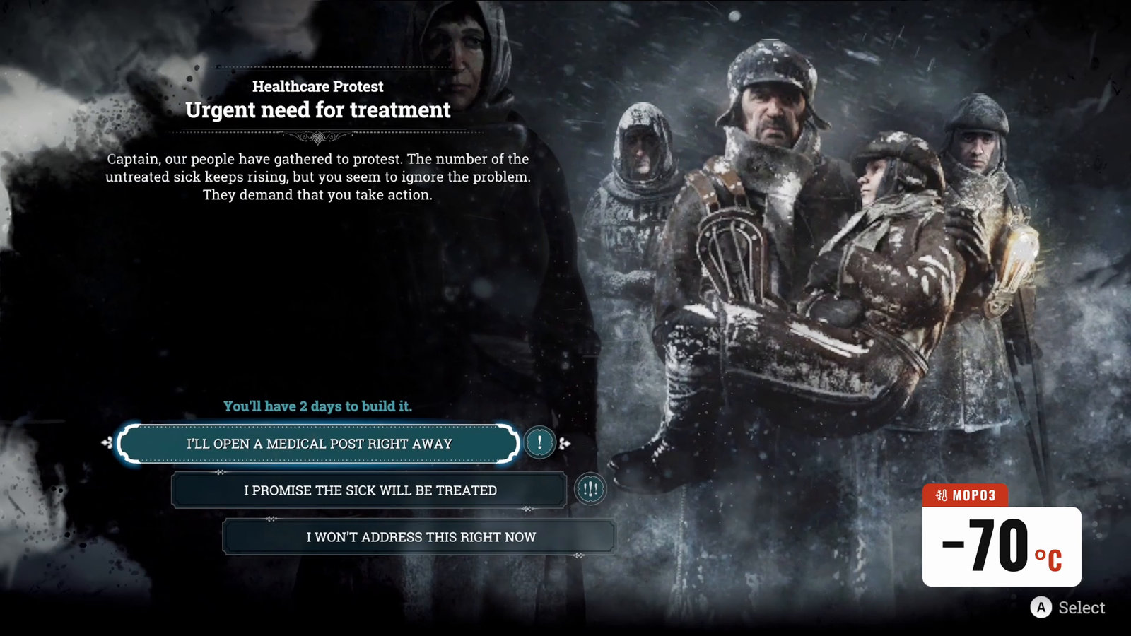 Healthcare Protest window — Urgent need for treatment: a crowd in coats carries a sick person, the player is presented with three responses — open a medical post, promise treatment, or postpone; on the right is an UND badge 'Frost −70 °C'