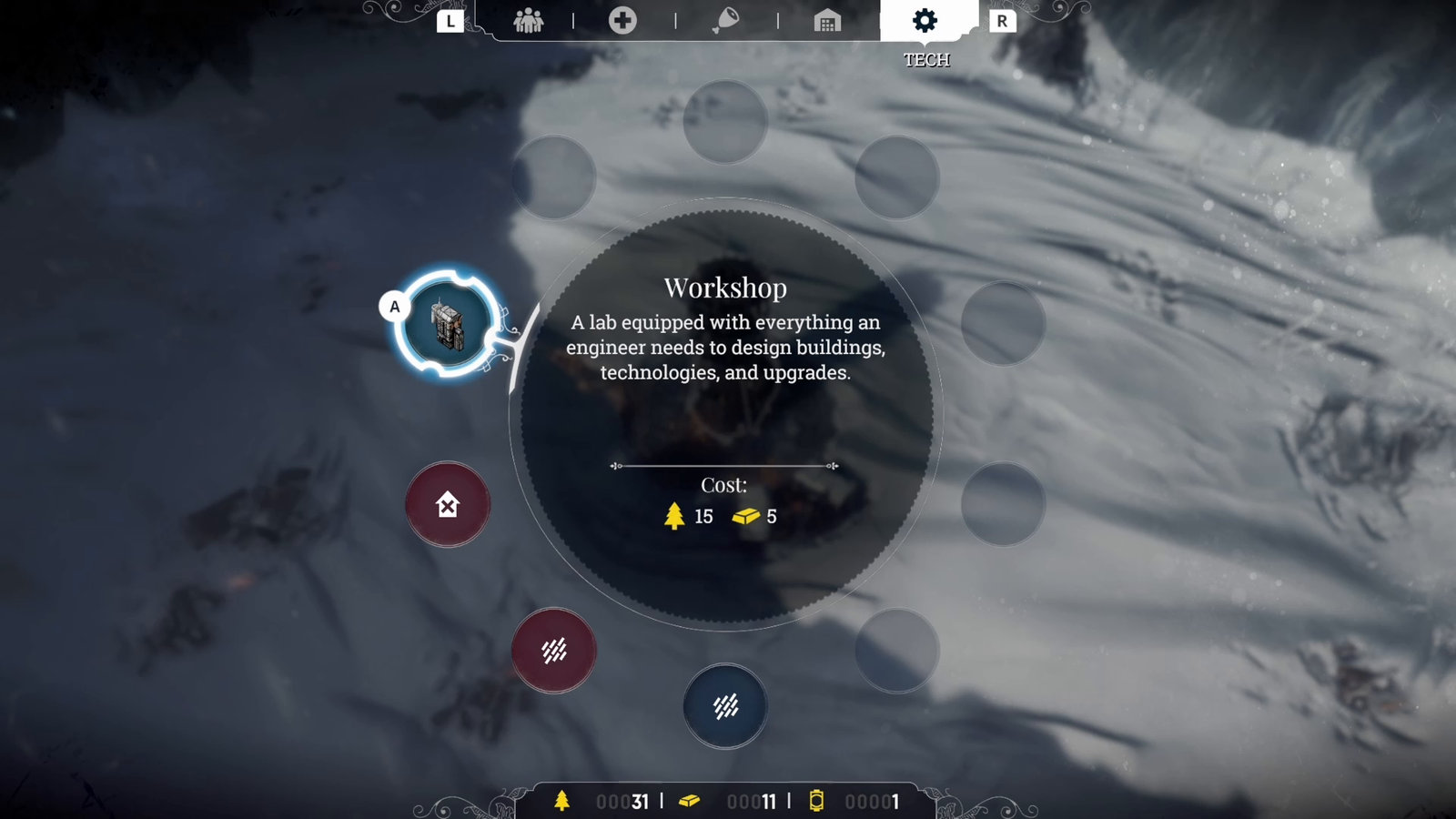 Radial build menu on Tech tab: Workshop selected costing 15 wood and 5 steel, category bar at the top with small L and R icons on the edges