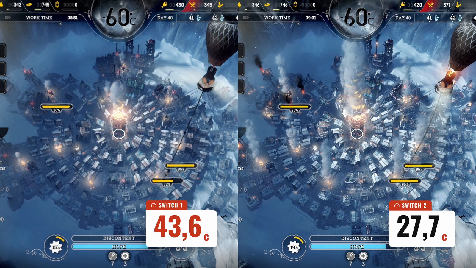 Split screen: Switch 1 on the left, Switch 2 on the right, both showing the same Day 40 city loaded; UND timers stopped at 43.6 s and 27.7 s