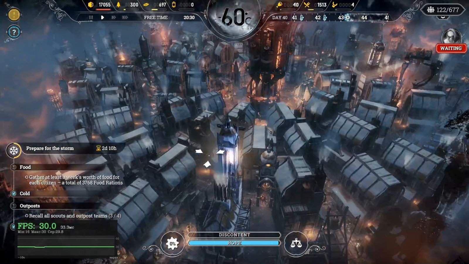 Zoomed-in shot of the city on Switch 2: snow-covered bunkhouse roofs, the generator tower, and streetlights appear blurry, FPS counter shows 30.0