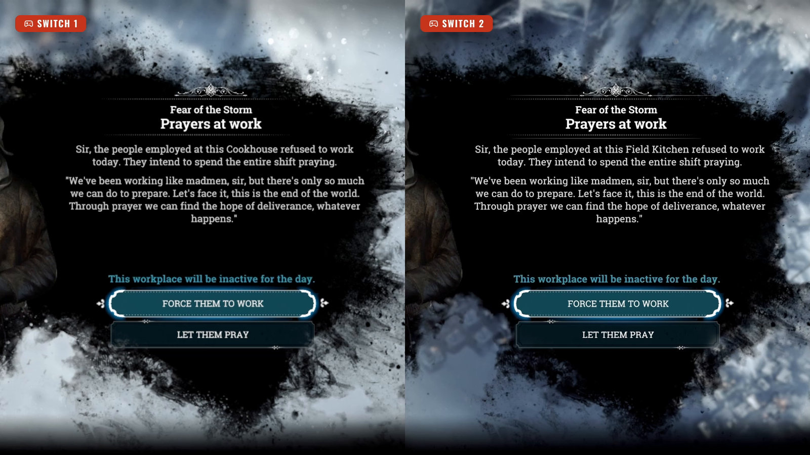 Split screen with identical event window 'Fear of the Storm — Prayers at work': Switch 1 on the left, Switch 2 on the right, halves labeled with UND badges