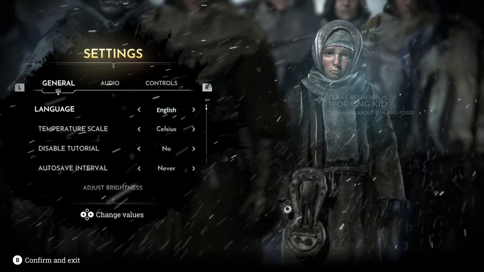 Settings menu, General tab: Language set to English, worker girl in a headscarf in a blizzard in the background