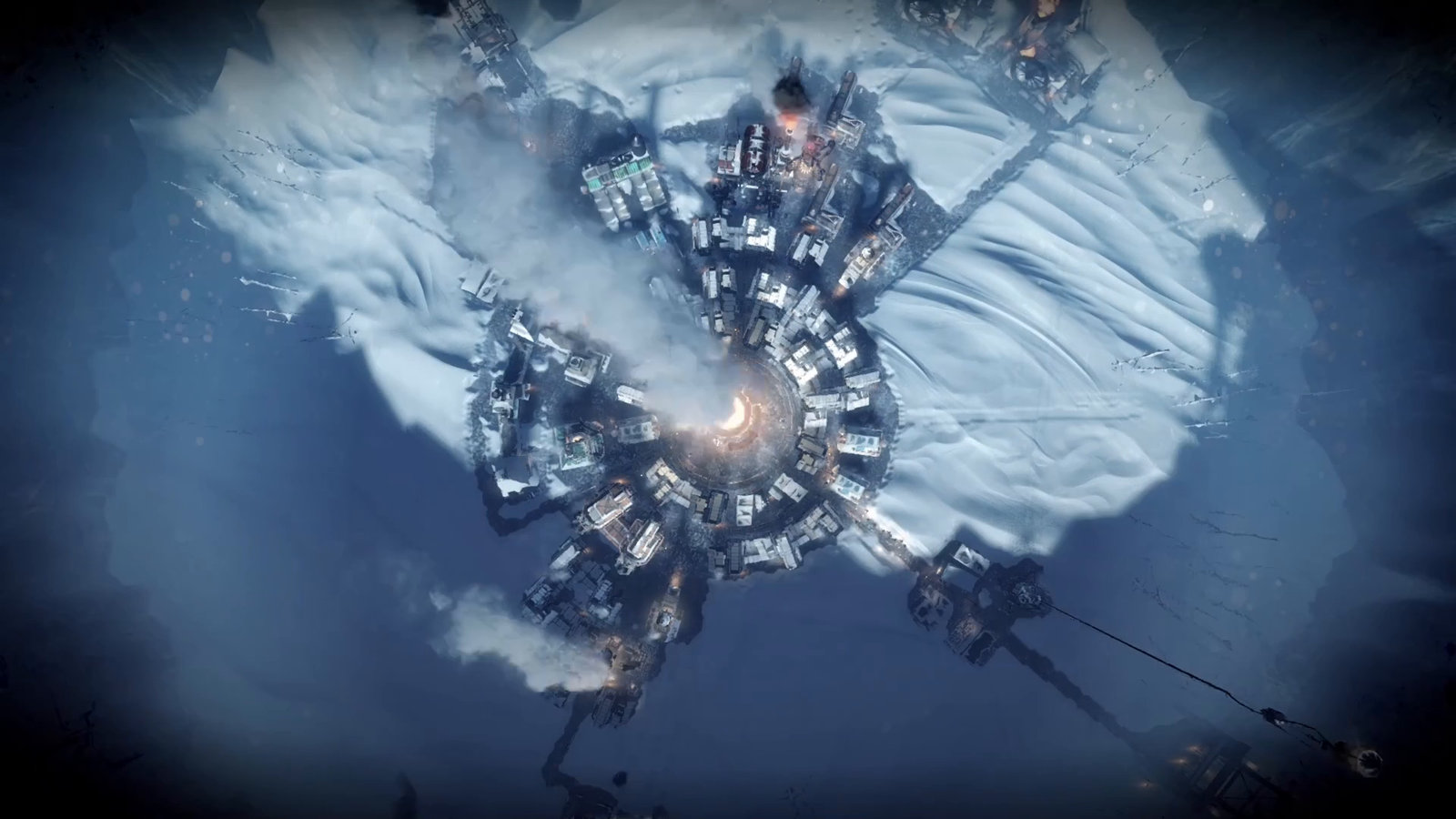 Campaign epilogue: snow-covered city from above, rings of buildings around the generator emitting smoke, dark vignette around the edges