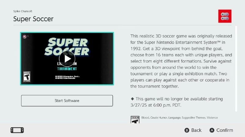 Super Soccer видалять з Nintendo Switch Online у всьому світі