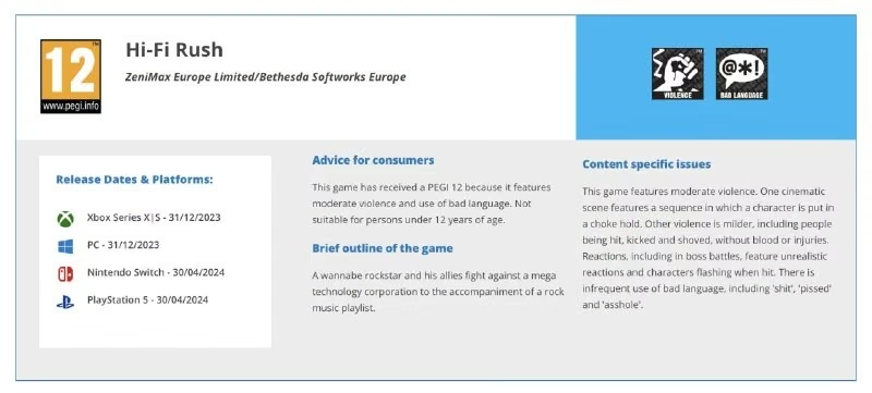 Hi-Fi Rush отримала віковий рейтинг PEGI для Nintendo Switch